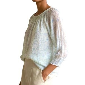 Giusy long sleeved 100% silk top White light blue floral  Women S made in Italy